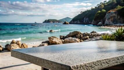 Fototapeta premium Stone table on the beach, against the background of the sea