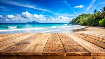 Fototapeta premium Wooden table on the beach and the sea in the background