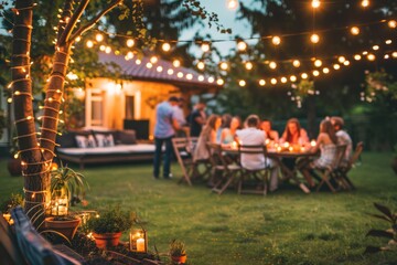 Group of people gathered in a backyard on a summer evening
