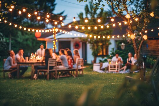 Group of people gathered in a backyard on a summer evening