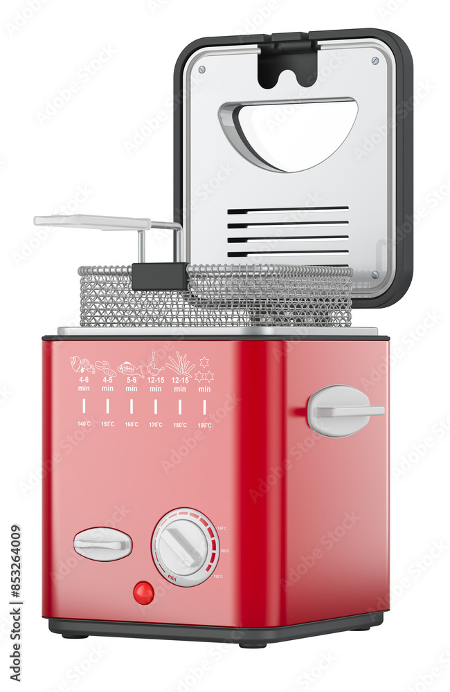Poster deep fat fryer, red color. 3d rendering isolated on transparent background