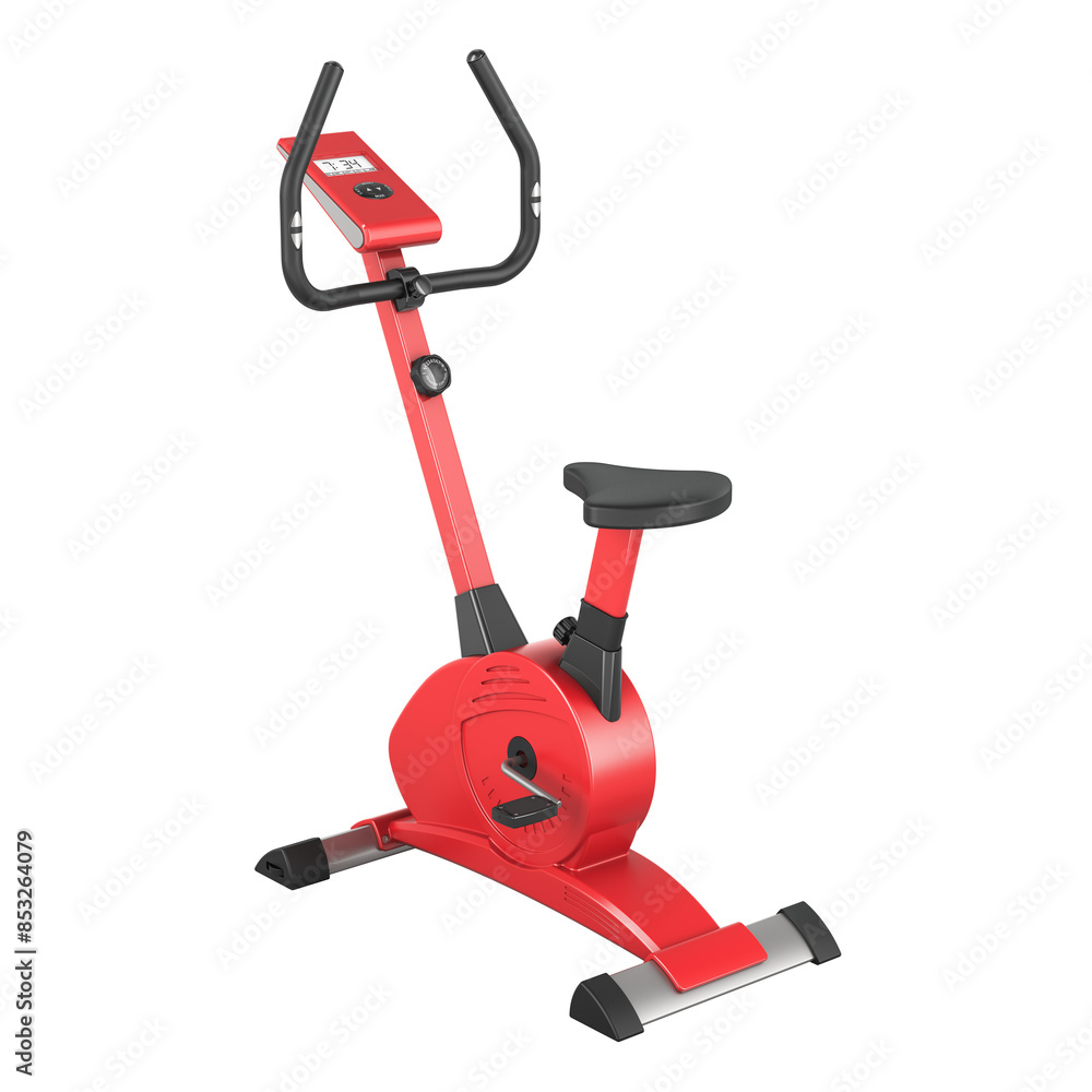 Poster exercise bike, red color. 3d rendering isolated on transparent background