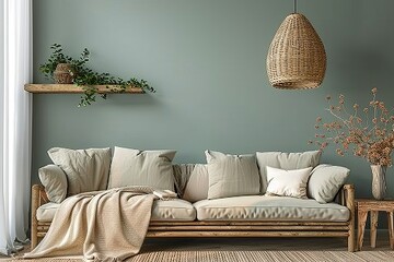 Cozy living room with natural decor, wicker lamp, and wooden shelves