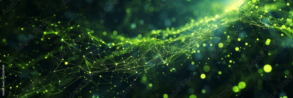 Poster abstract big data particles in neon green on a dark backdrop, forming complex geometric patterns