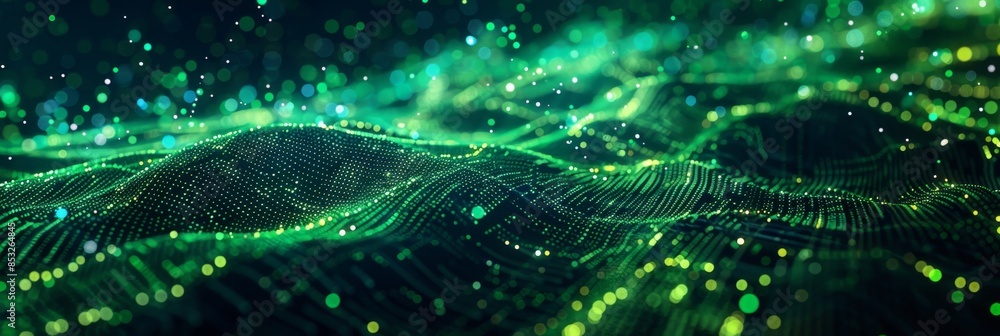 Poster futuristic background featuring glowing green data particles floating in a dark space, forming compl