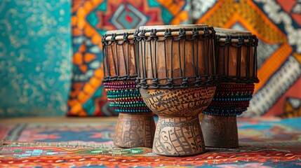 Three traditional So drums on a colorful patterned fabric