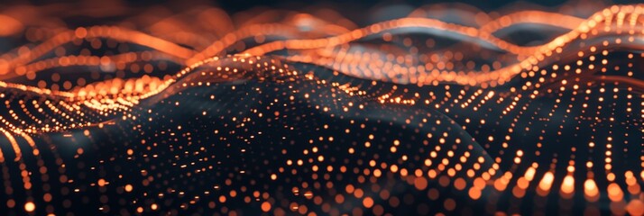 Big data particles background with vibrant orange dots and subtle connections on a dark canvas, creating a futuristic look