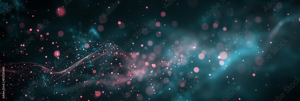 Poster dark background with glowing teal web lines and delicate pink particles, offering a sleek look with 