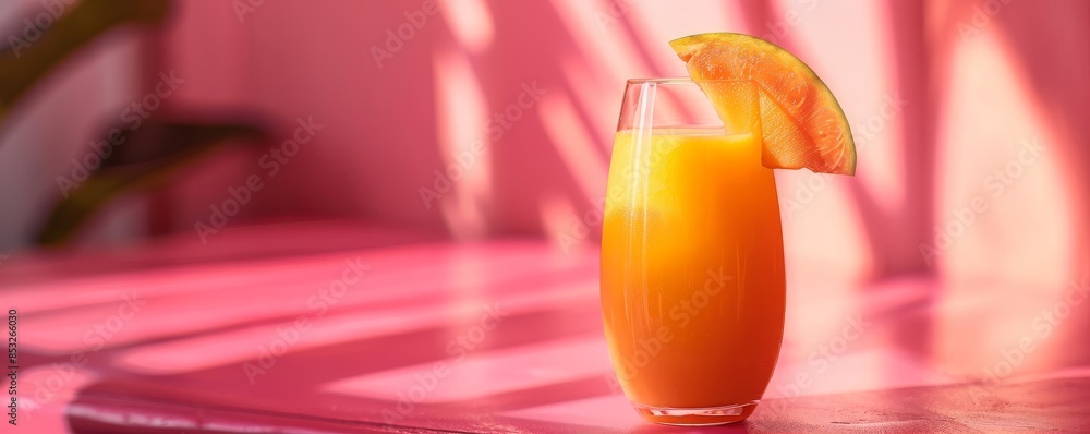 Poster refreshing mango juice in a glass on a vibrant red table with a minimalist background