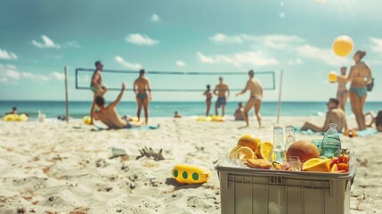 Beach volleyball and swimming in a summer setting, cooler with drinks and snacks in the foreground