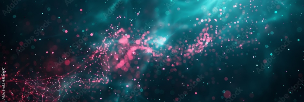 Poster dark background with glowing teal web lines and delicate pink particles, offering a sleek look with 