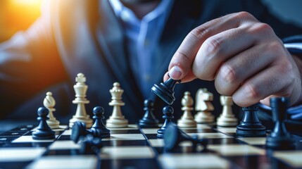 Businessman moving chess piece on board during strategy game - decision making, leadership, competition