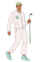 smiling golf club staff character African American male caddie with golf club