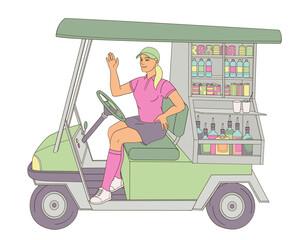 smiling golf club staff character female caddie driving a beverage golf cart