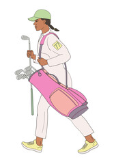 smiling golf club staff character African American female caddiewith golf club and club bag