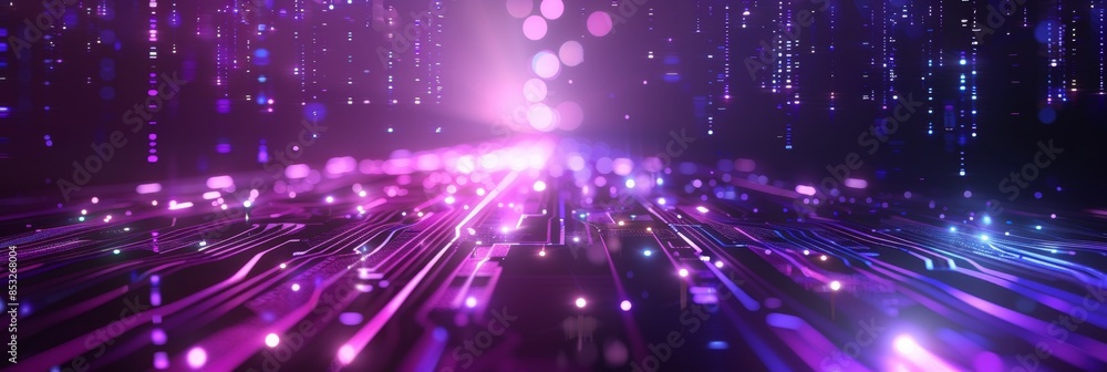 Poster futuristic tech background with glowing purple data particles and subtle geometric shapes, providing