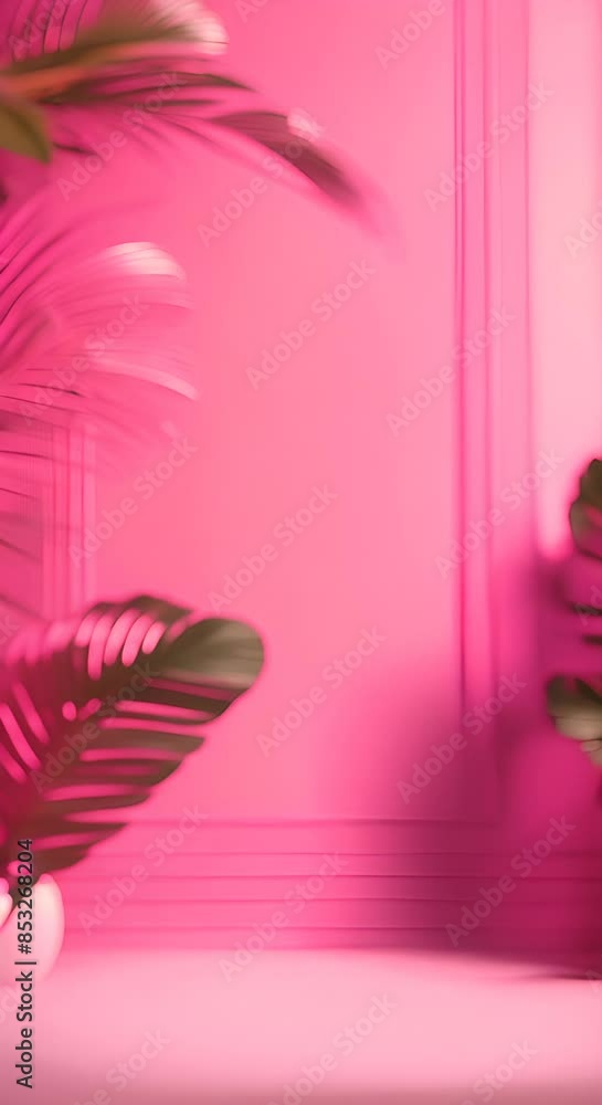 Poster abstract gradient pink studio background for product presentation with palm shadows overlay empty ro
