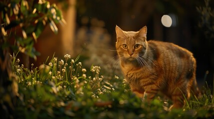 Orange Tabby Cat Standing in Grass at Night