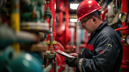 Industrial Worker Inspecting Piping System in a Facility