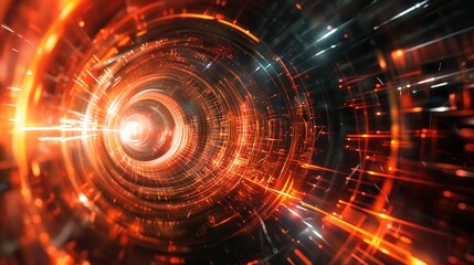 Fototapeta premium Abstract Orange and Black Digital Tunnel With Lines and Light