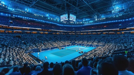 Obraz premium Indoor Tennis Match in a Packed Stadium With Players Competing
