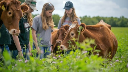 Young Women Observing Cows in a Summer Pasture