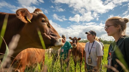 Female Veterinary Student Examining Brown Cow in Green Pasture