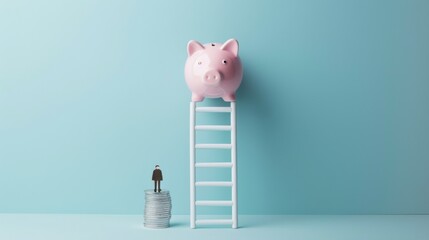 Person waiting before a white ladder and piggy bank. Retirement and savings concept. 