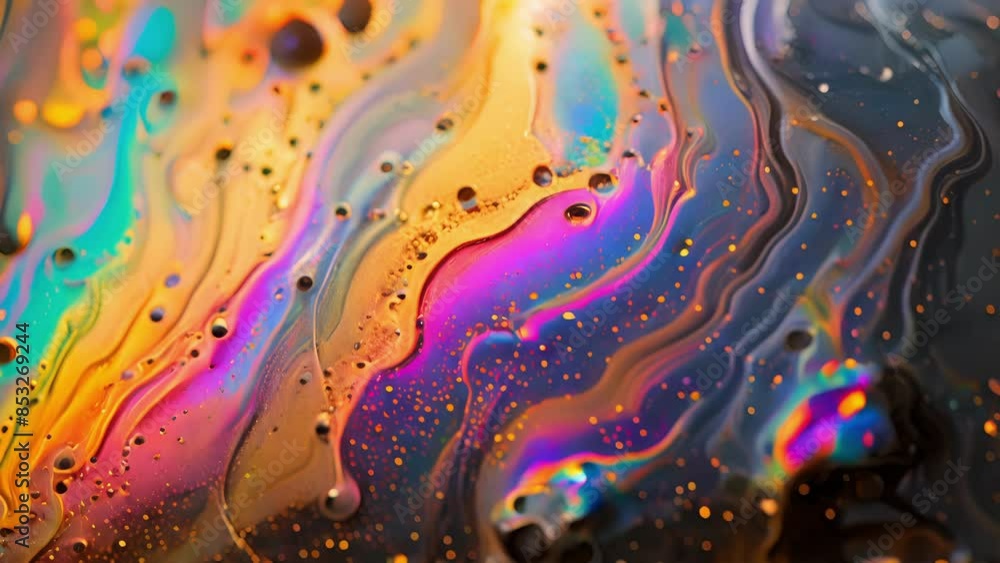 Poster the oil seems to create a holographic effect as light dances across its slick surface casting rainbo