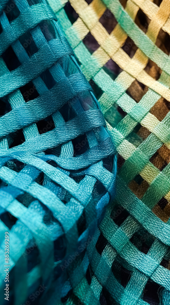 Poster a close up of a blue and green patterned fabric with a mesh texture.