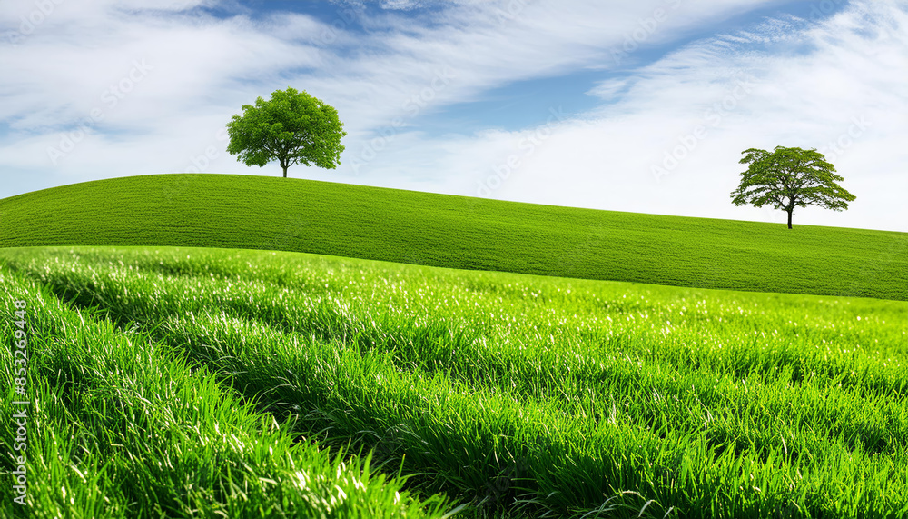 Poster a lush green field with two trees in the foreground. the sky is clear and blue, and the grass is tal