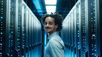 Smiling IT Professional in Modern Data Center with Advanced Technology