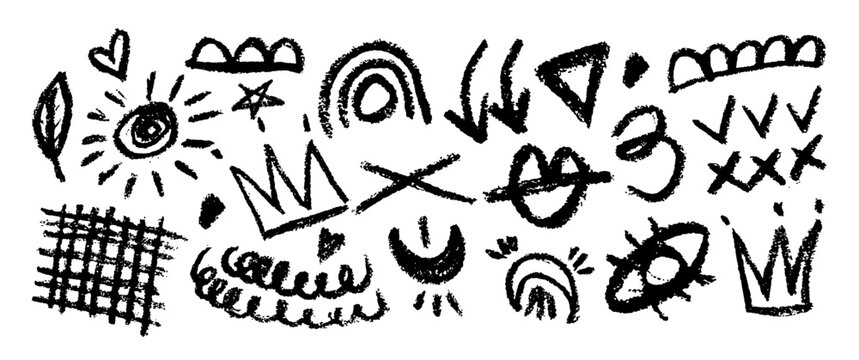 Collection of hand drawn charcoal doodle shapes and squiggles in childish girly style. Pencil drawings isolated on black. Crown, stars, flower, heart and grid doodle collage elements.