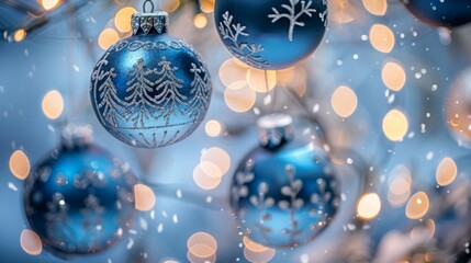 Sparkling blue Christmas ornaments adorned with intricate silver designs, hanging against a backdrop of festive lights and gentle snowfall, warm bokeh, cool tones baubles, holiday season background