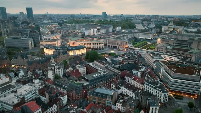 Aerial Shot of Brussels Skyline, Capital of Belgium. Popular tourist destination with ecliptic architecture. 4K. Europe