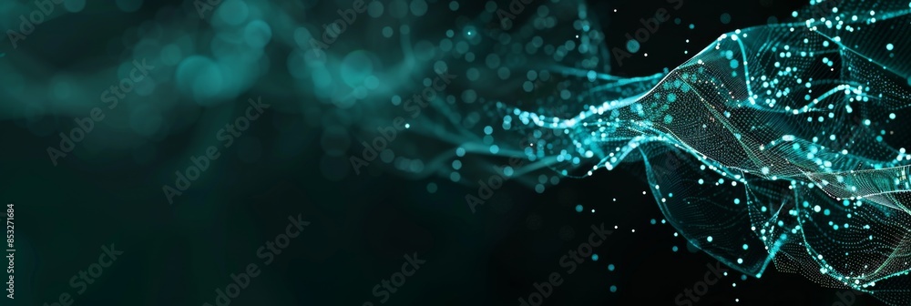 Aufkleber minimalist tech background featuring teal web lines and glowing particles on a black canvas, offerin