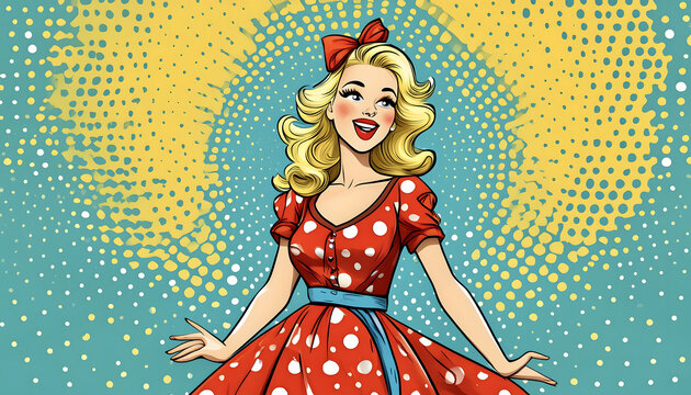 pop art, frau, mit, scheide, im, 60iger, jahre, stil, comic, cartoon, punkte, retro, vintage, 60s, gesicht, kleid, bunter, bunte, farben, illustration, grafik, gemalt, malerei, zeichnung, kopf, flyer,