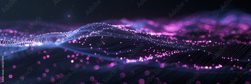 Poster minimalist tech background with neon purple web lines and glowing particles on a dark backdrop, prov