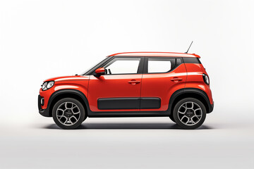 Fototapeta premium A red 4x4 car showing a side view, on a white background with a white floor, for car advertising photography and car poster design, minimalist style. Electric city minicar