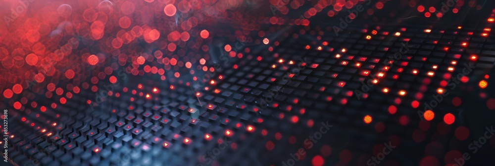 Poster high-tech background with glowing red data particles on a dark g