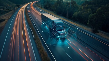 Aerial view of autonomous truck driving on autopilot on a highway with traffic sensors scanning surroundings. Cargo delivery, transportation of the future. Artificial intelligence. Self driving.