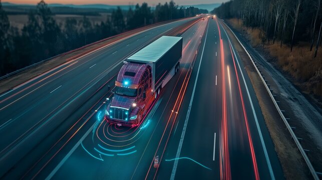 Aerial view of autonomous truck driving on autopilot on a highway with traffic sensors scanning surroundings. Cargo delivery, transportation of the future. Artificial intelligence. Self driving.