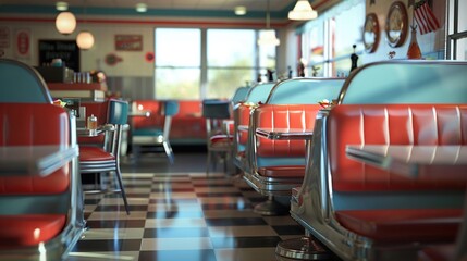 Fototapeta premium a 70s diner thumbnail with a checkered floor, red and blue seats, day, painterly