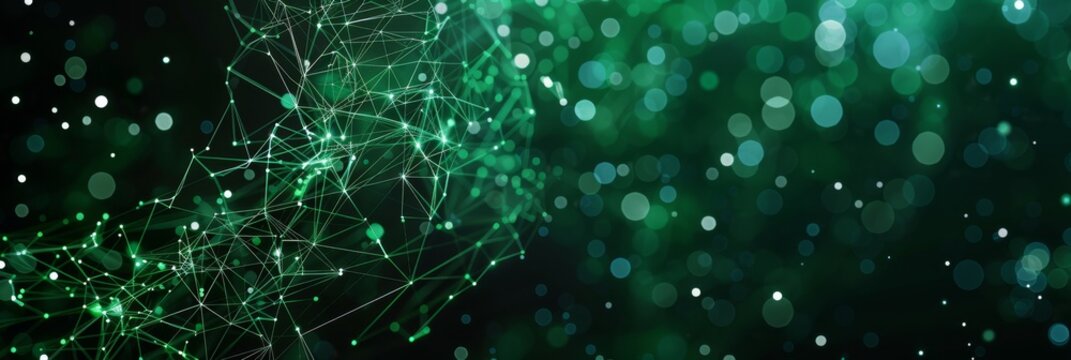 Dark background with intricate green tech web patterns and subtle white particles, providing a clean look with free space