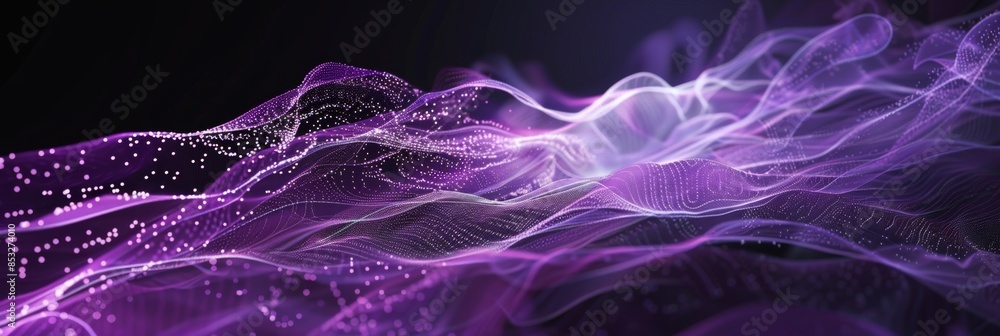 Aufkleber minimalist tech background with neon purple web lines and floating particles on a black canvas, leav