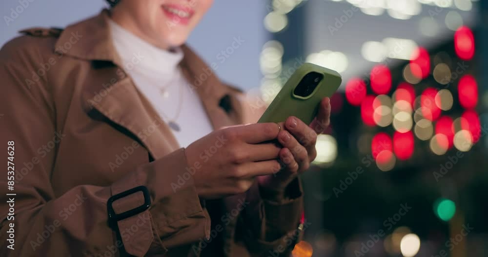 Poster Woman, hands and outdoor with texting on smartphone on smile at night for conversation on social media in New York. Female person, happy and text message for networking or communication on mobile app