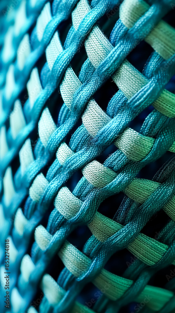 Poster a close up of a blue and green patterned fabric with a mesh texture.
