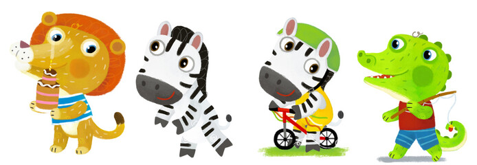 cartoon scene with happy little boy lion cat cooking or having birthday cake and zebra horse friend having fun on white background illustration for children