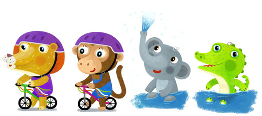 cartoon scene with happy little boy lion cat riding on an bicycle and monkey ape having fun on white background illustration for children