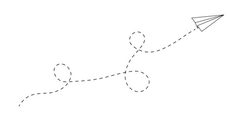 Paper air plane icon with dashed way line. Trip, journey or vacation concept. Online message or email symbol. Delivery or destination sign isolated on white background. Vector graphic illustration.